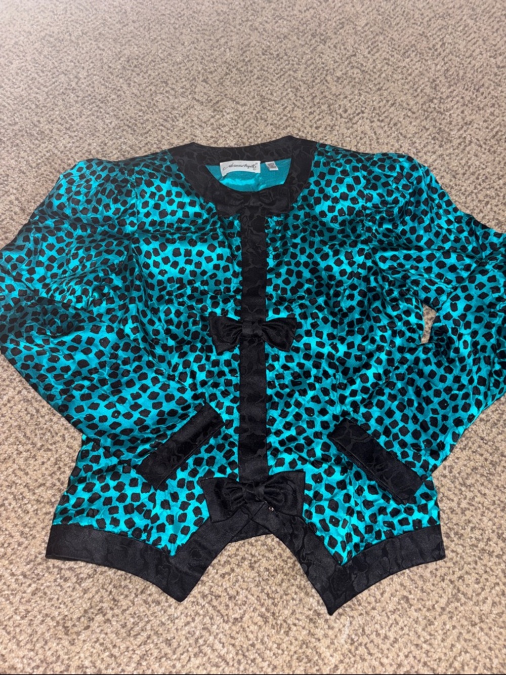 Vintage 80s Teal and Black 100% Silk  Print Bow Jacket 6